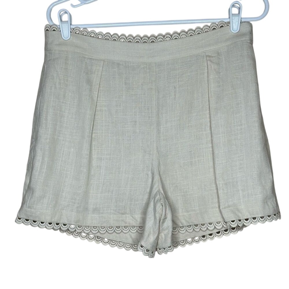 Express Womens Scalloped‎ Trim Linen Blend Shorts Beige High Rise Size 8 NWT